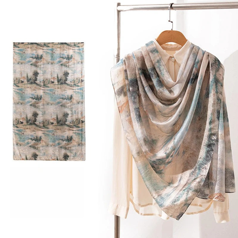 Long 100% Mulberry Silk Scarf – Bohemian Floral Lightweight Shawl, 43 x 69 in