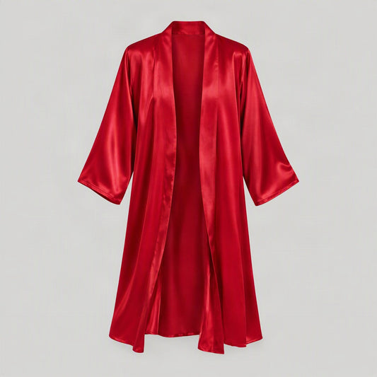 Mulberry silk robe laid flat, full garment view