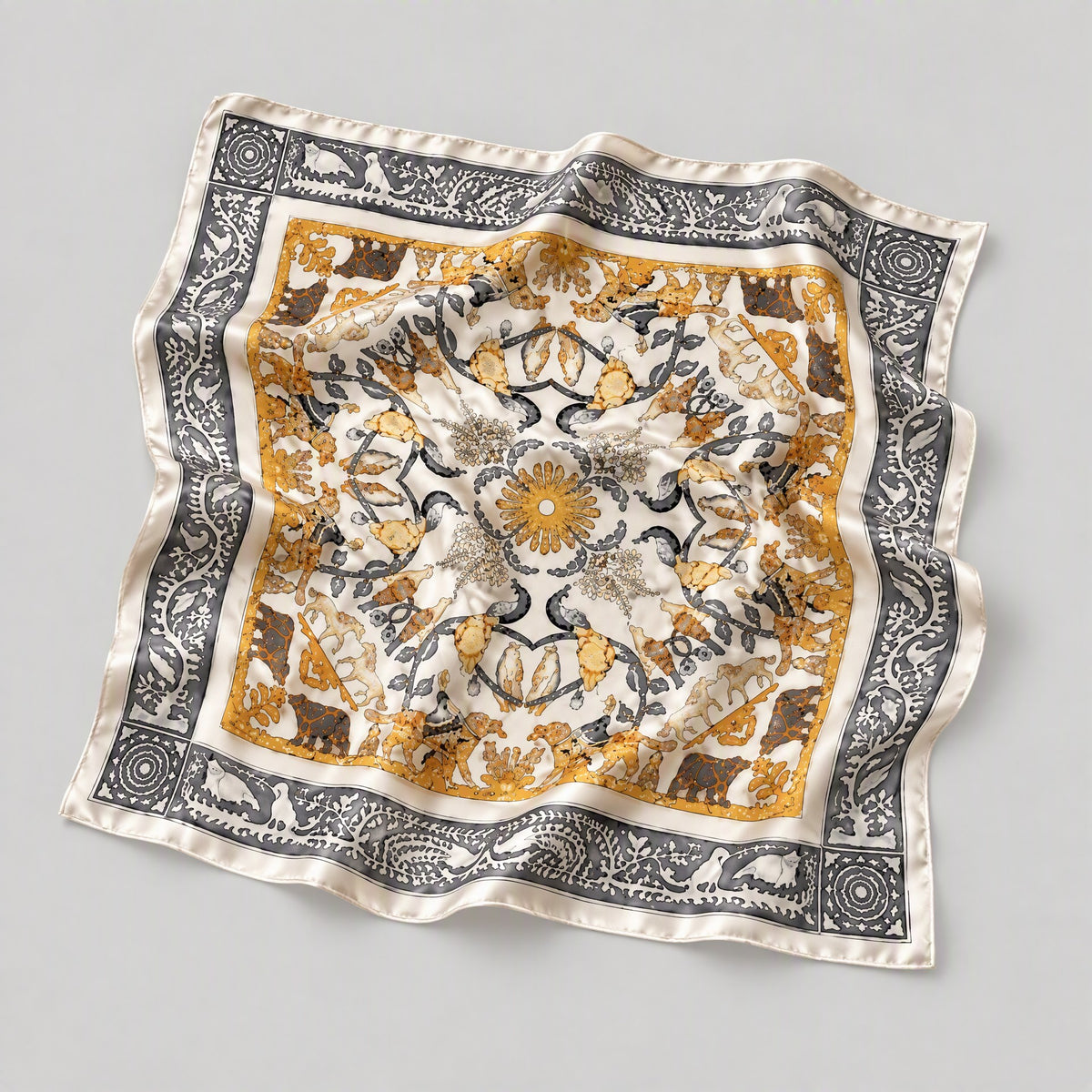 Beige Animal Motif Mulberry Silk Square Scarf – 34 x 34 in