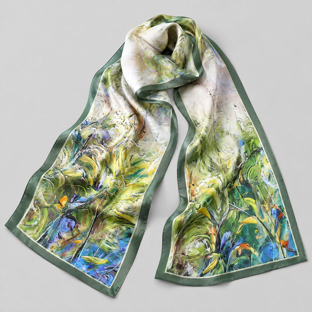 Green Rhapsody Slim Mulberry Silk Scarf – 6 x 59 in