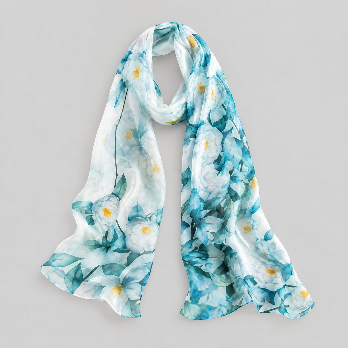 Blue Green Camellia Mulberry Silk Long Scarf – 22 x 67 in
