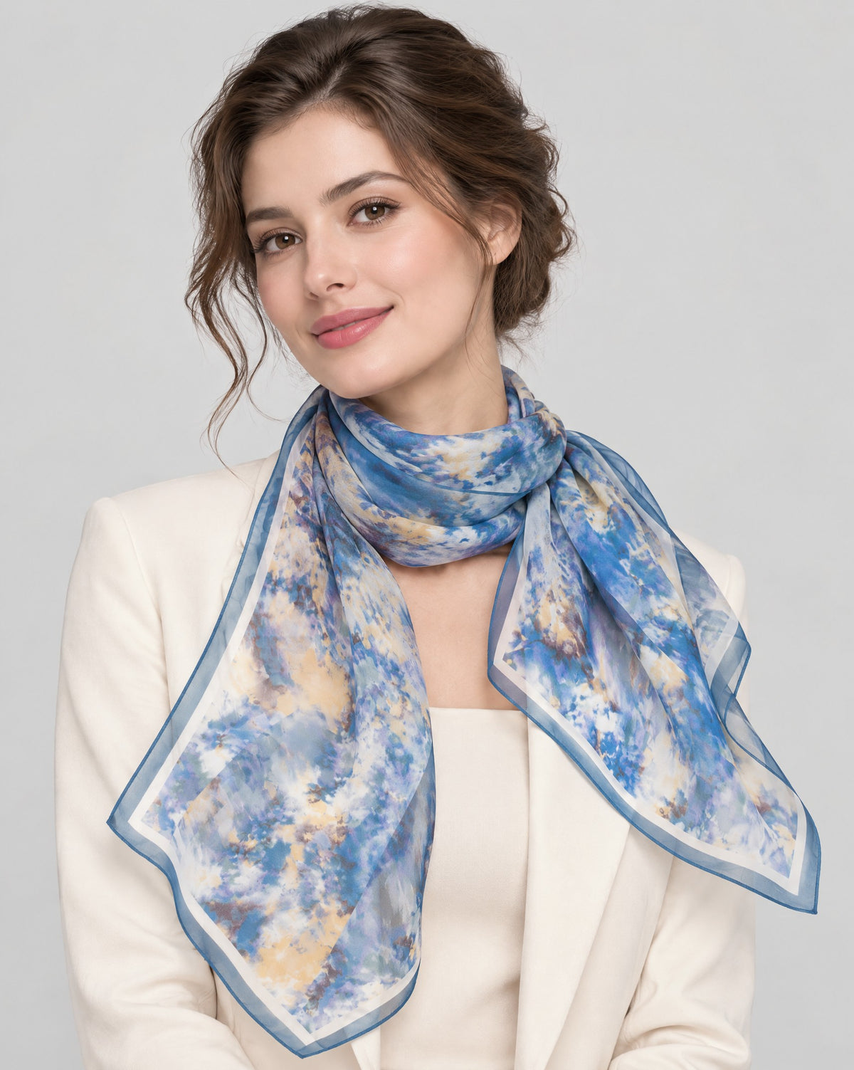 Yellow Blue Watercolor Mulberry Silk Long Scarf – 16.5 x 63 in