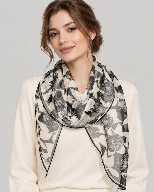 Night Rose Mulberry Silk Long Scarf – 13 x 63 in, worn tied at the neck over a cream top