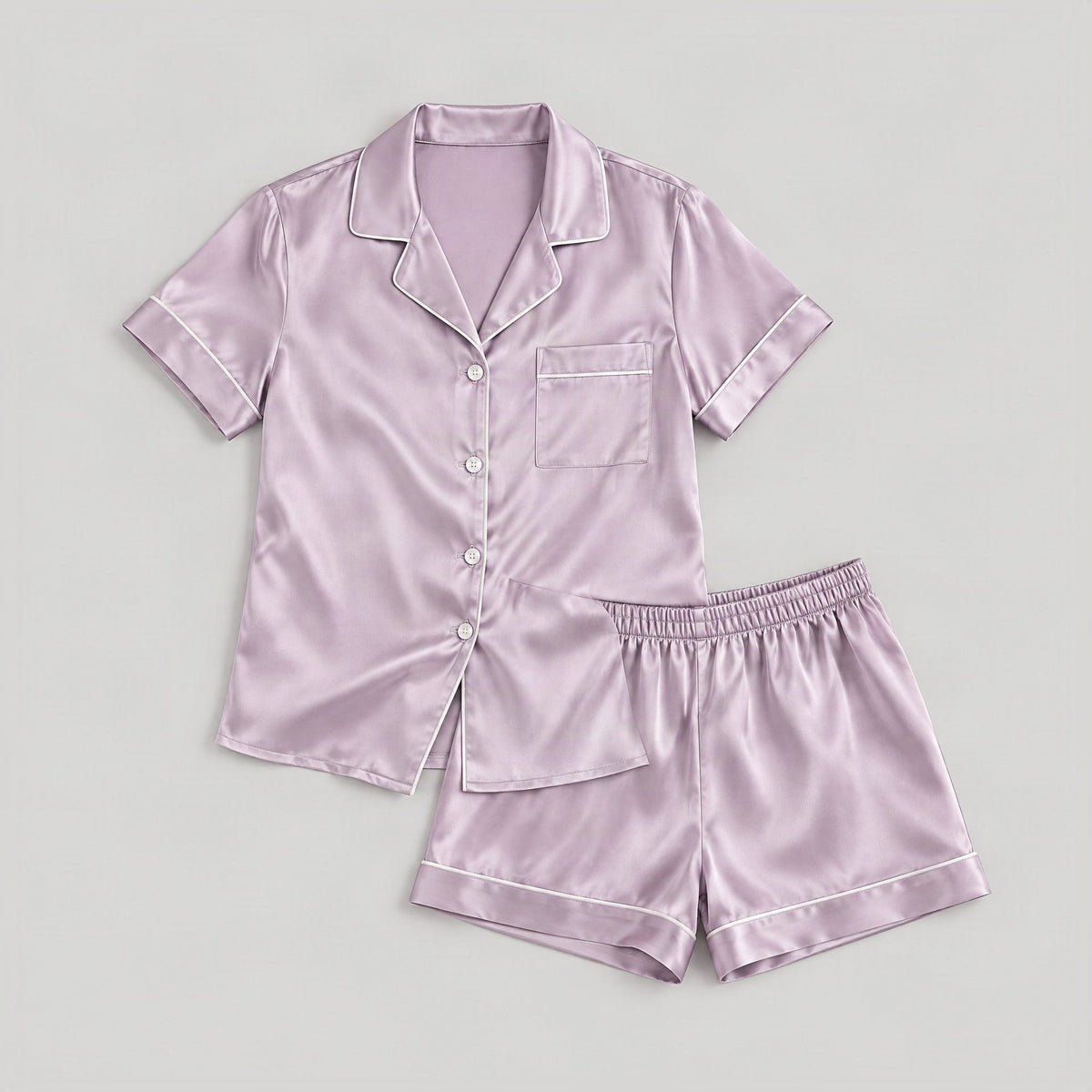 Taro Purple 19 Momme Short Sleeve 100% Mulberry Silk Pajama Set – Notched Collar with Shorts