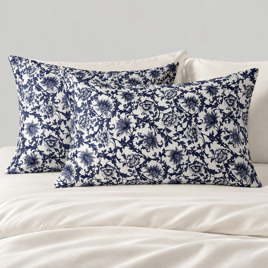 Navy Chintz Printed Mulberry Silk Pillowcase – 20 x 30 in, Hidden Zipper