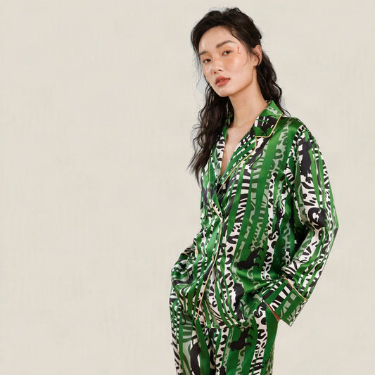 Ensemble de pyjama en 100 % soie de mûrier à manches longues, 19 momme – Imprimé Oasis, toutes saisons