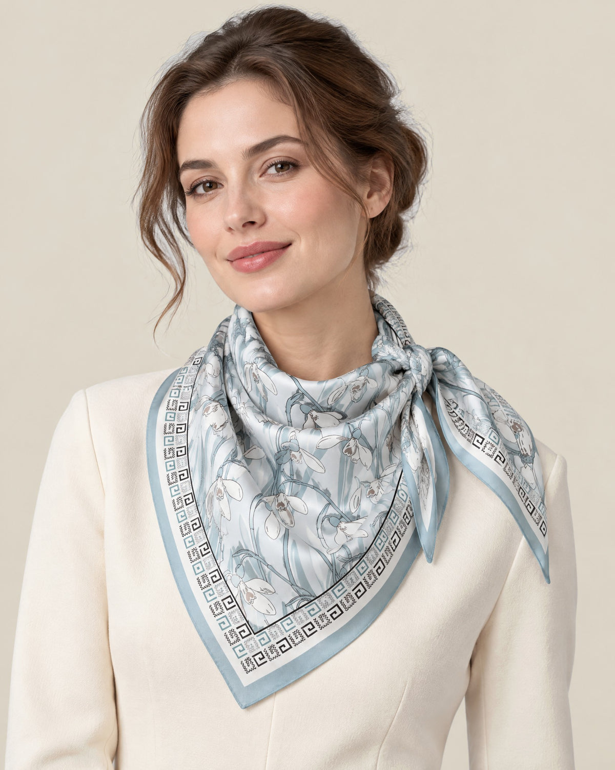 Woman wearing Gray Blue mulberry silk square scarf, 26 x 26 in
