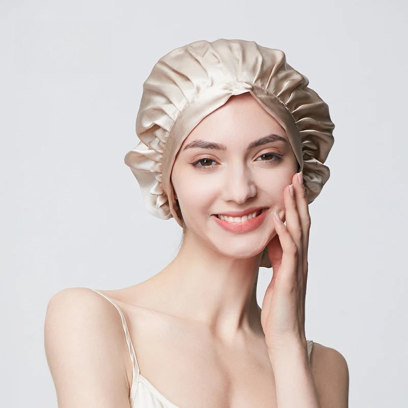 Champagne 19 momme mulberry silk drawstring sleep cap