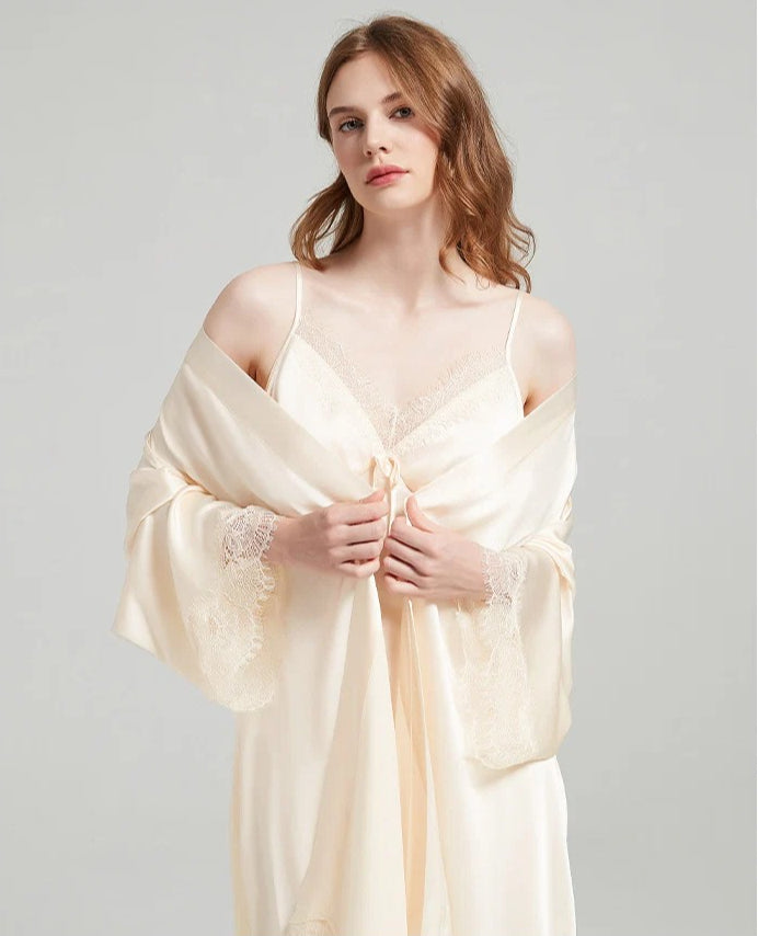 19 Momme Lace-Trim 100% Mulberry Silk Robe & Camisole Set – Women's Sleepwear Loungewear