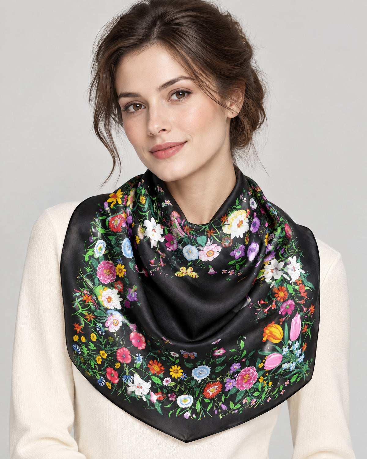 Floral Night Whisper Mulberry Silk Square Scarf – 27 in
