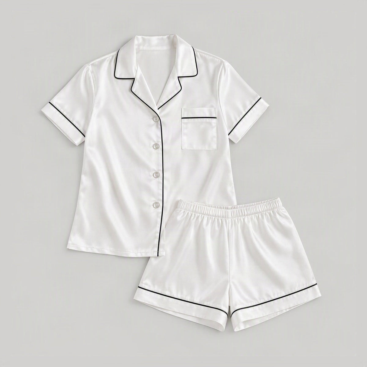White 19 Momme Short Sleeve 100% Mulberry Silk Pajama Set – Notched Collar with Shorts