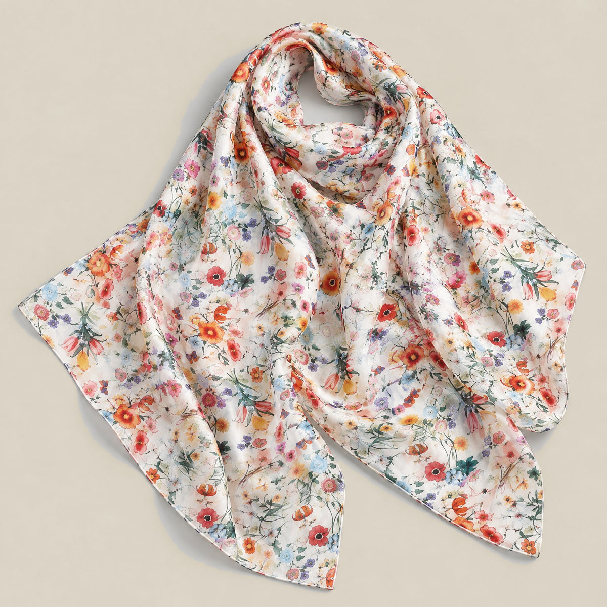 White Colorful Floral mulberry silk scarf detail showing silk texture and print