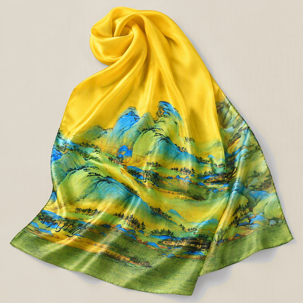 Layered green hills mulberry silk scarf detail showing silk texture and print