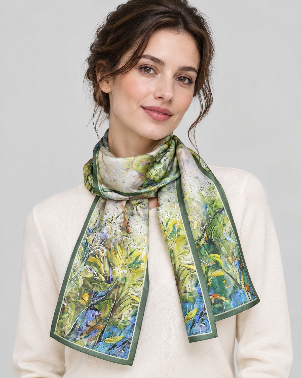 Green Rhapsody Slim Mulberry Silk Scarf – 6 x 59 in