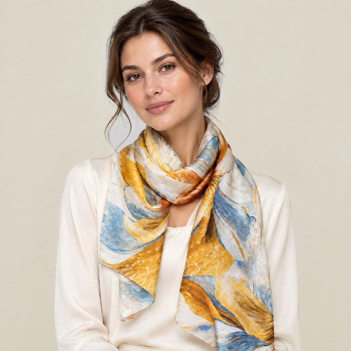 Woman wearing Sunlit bloom floral mulberry silk scarf, 22 x 67 in