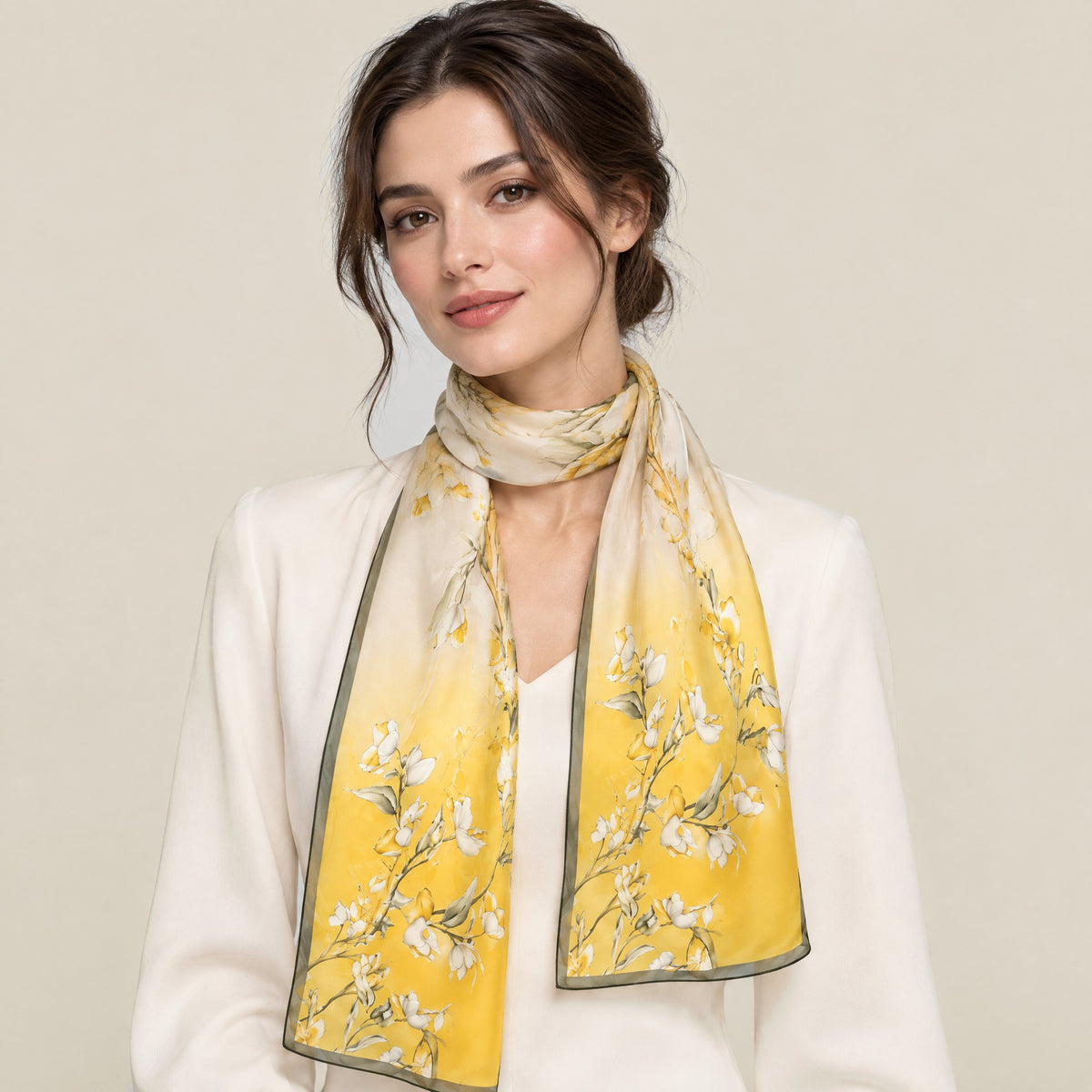 Woman wearing Yellow Twig mulberry silk long scarf