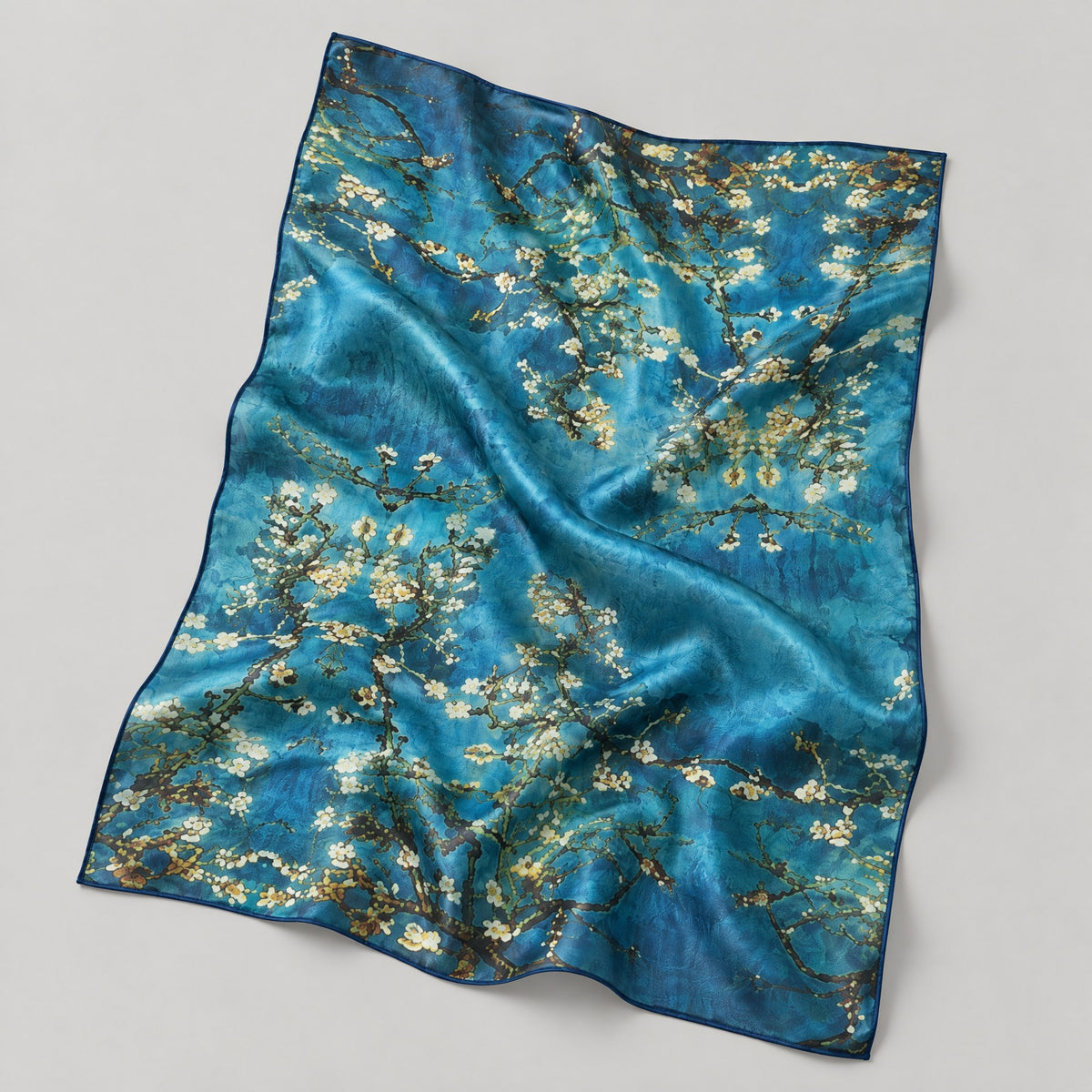 Blue Plum Branch Mulberry Silk Scarf – 69 x 43 in