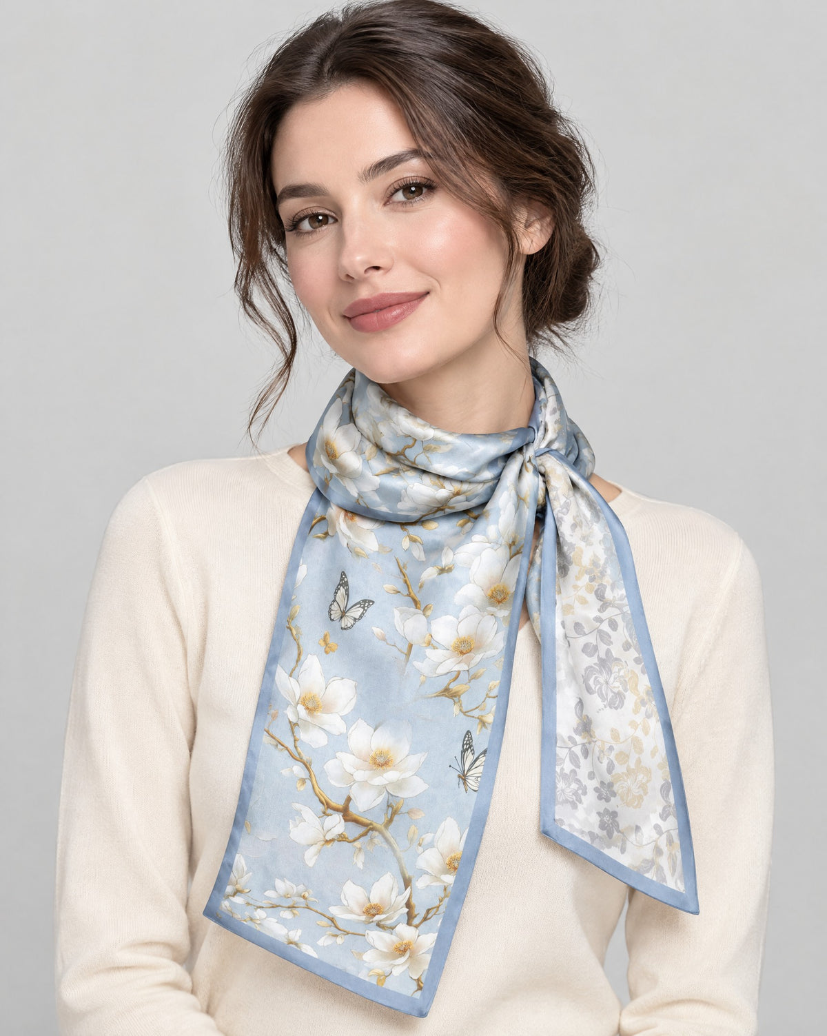 Butterfly Branch Slim Mulberry Silk Scarf – 6 x 59 in