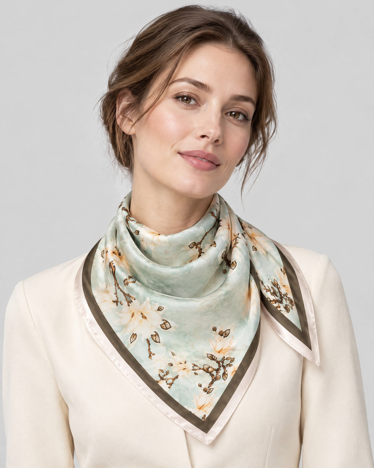 Light Green Magnolia Branch Mulberry Silk Square Scarf – 21 x 21 in