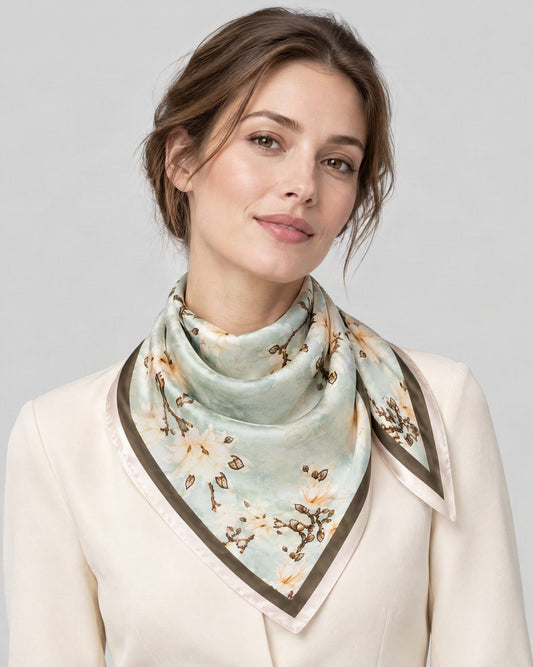 Light Green Magnolia Branch Mulberry Silk Square Scarf – 21 x 21 in, worn tied at the neck over a cream top