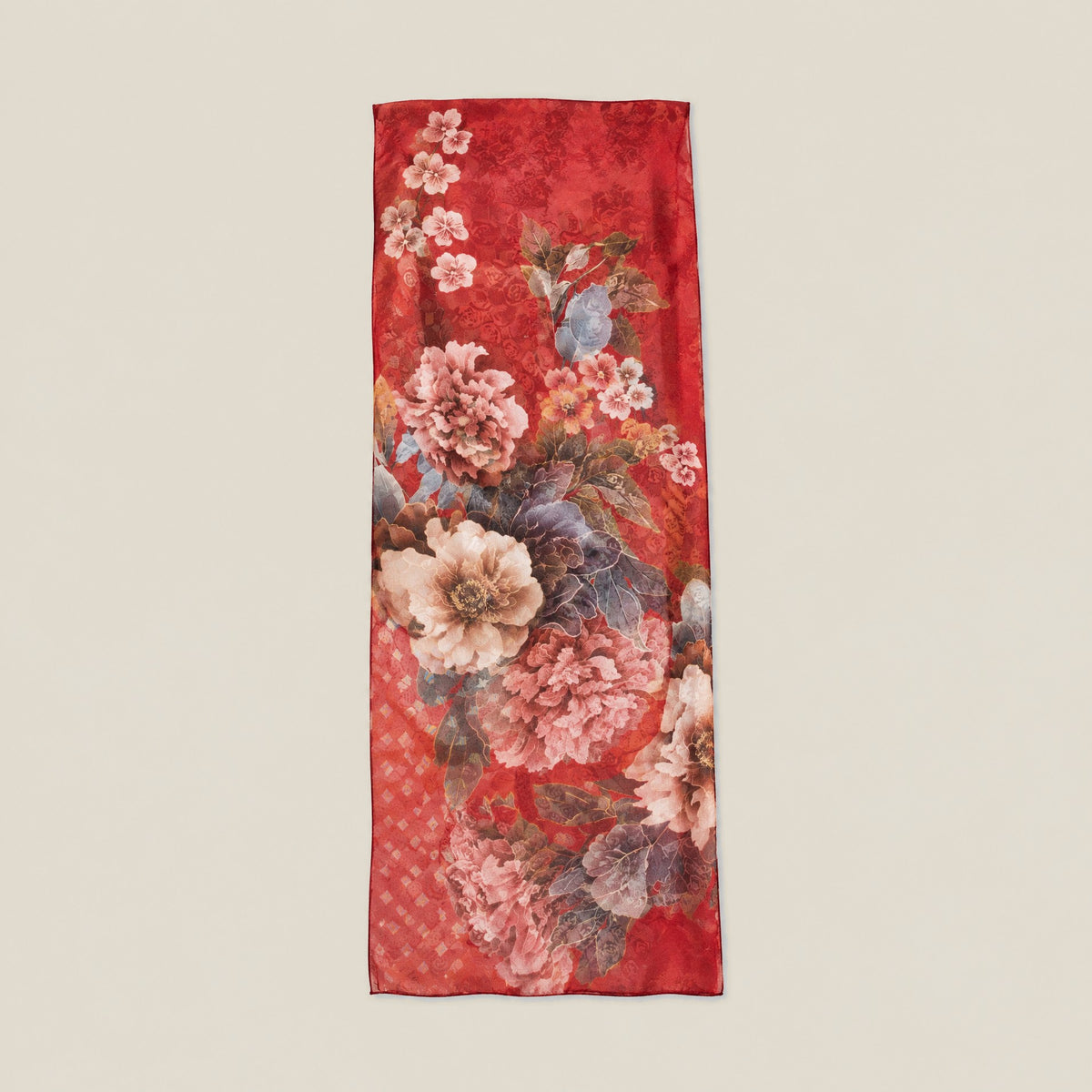 Red floral cluster mulberry silk scarf