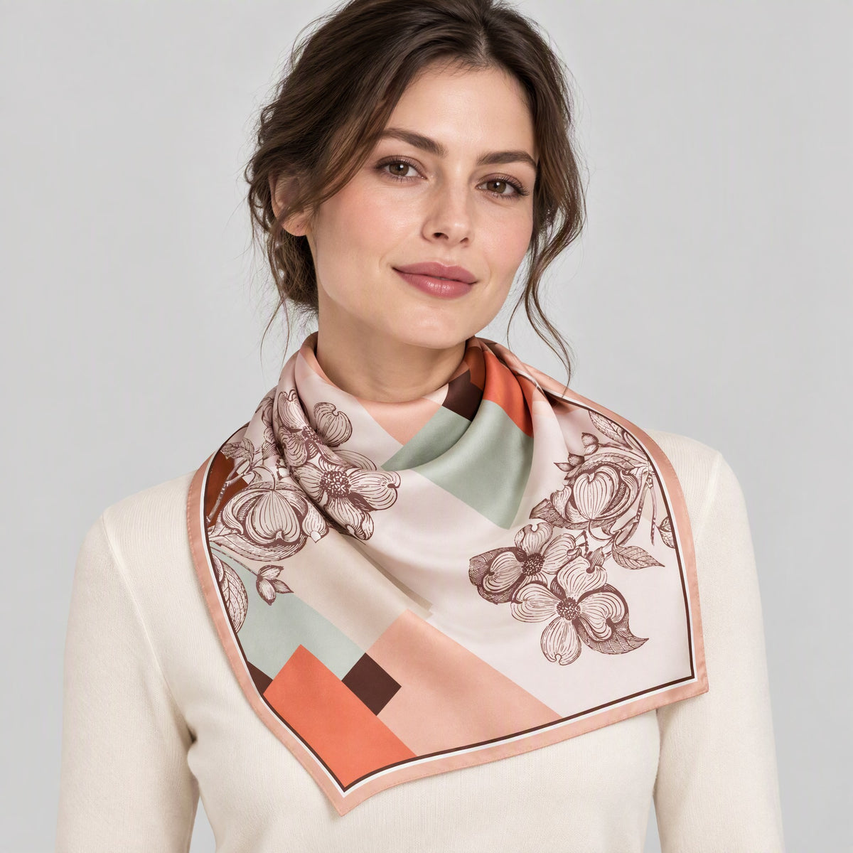 Orange Pink Patchwork Flower Mulberry Silk Square Scarf – 26 x 26 in