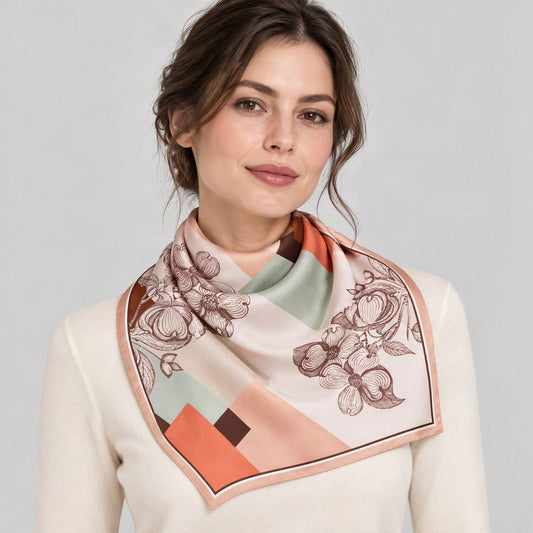 Orange Pink Patchwork Flower Mulberry Silk Square Scarf – 26 x 26 in, worn tied at the neck over a cream top