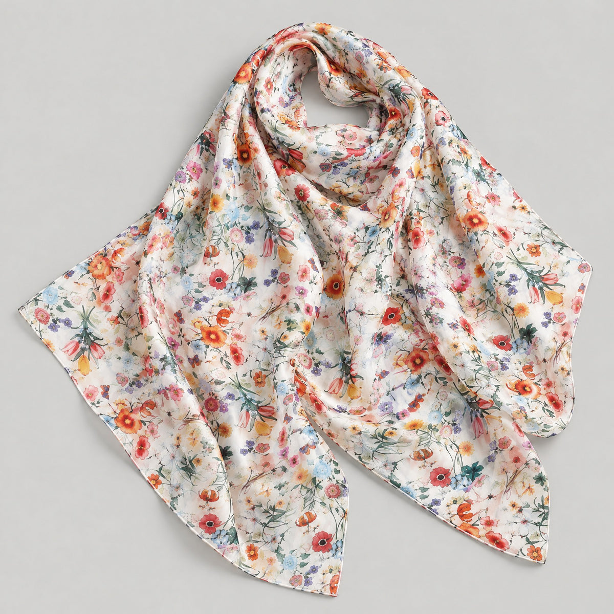White Colorful Floral Mulberry Silk Scarf – 69 x 43 in