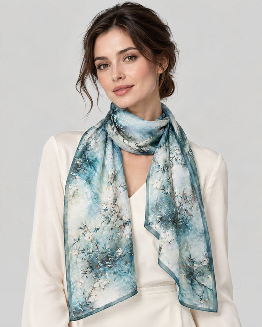 Magnolia Mulberry Silk Long Scarf – 22 x 67 in, worn tied at the neck over a cream top