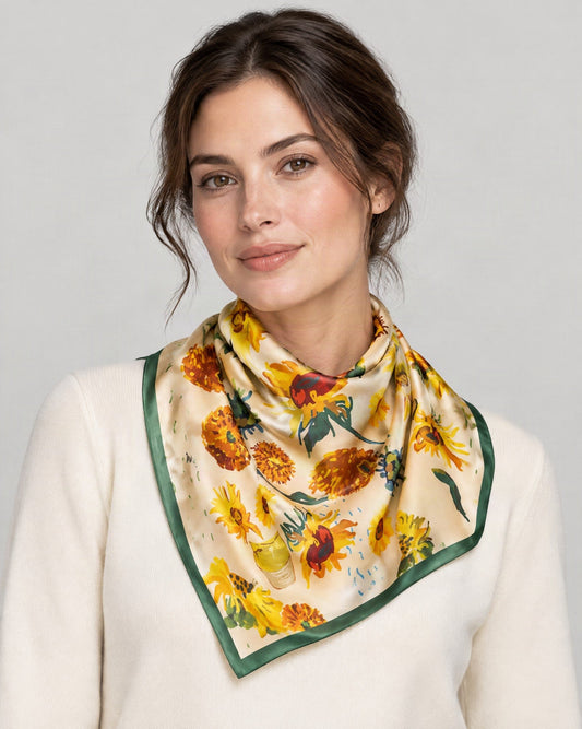 Graffiti Sunflower Mulberry Silk Square Scarf – 26 x 26 in, worn tied at the neck over a cream top