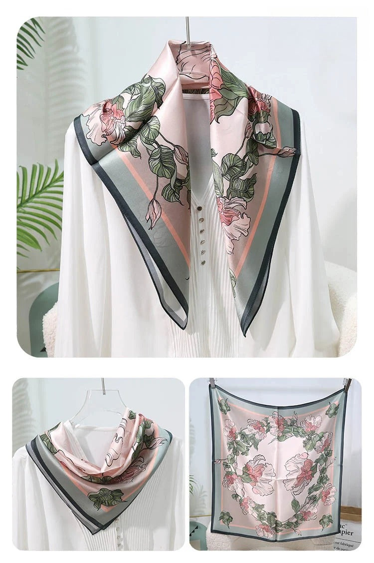 Square 100% Mulberry Silk Scarf – Vintage French Print Bandana Wrap
