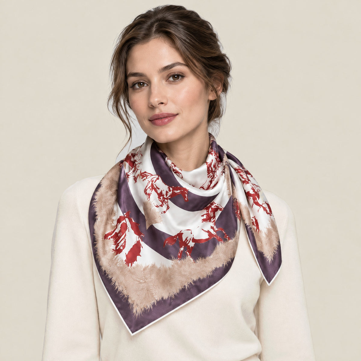 Woman wearing Spring Bloom mulberry silk square scarf