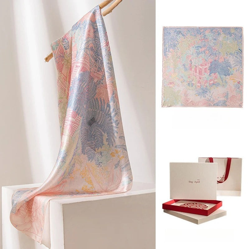 Square & Long 100% Mulberry Silk Scarf – Floral Print Lightweight Shawl, 34 x 34 in