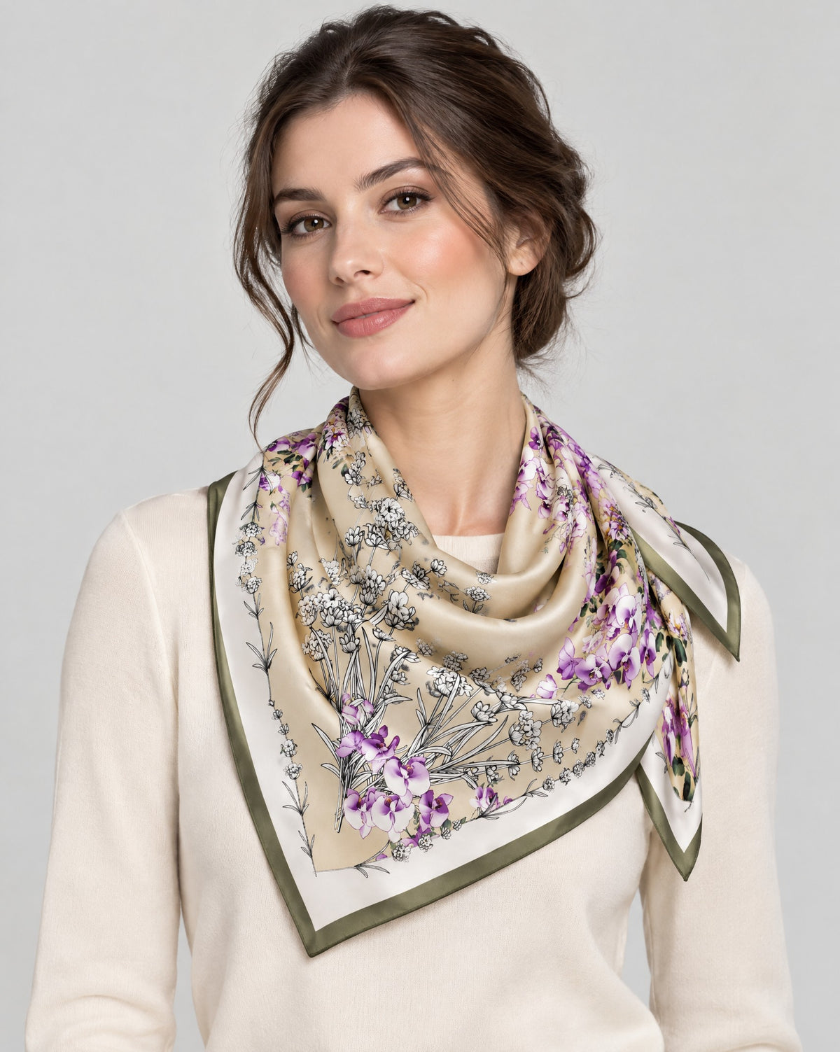Khaki Purple Small Flower Mulberry Silk Square Scarf – 26 x 26 in