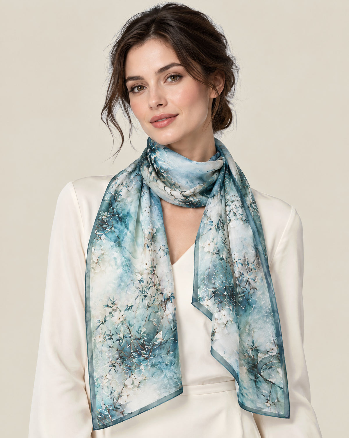Woman wearing Blue green magnolia mulberry silk scarf