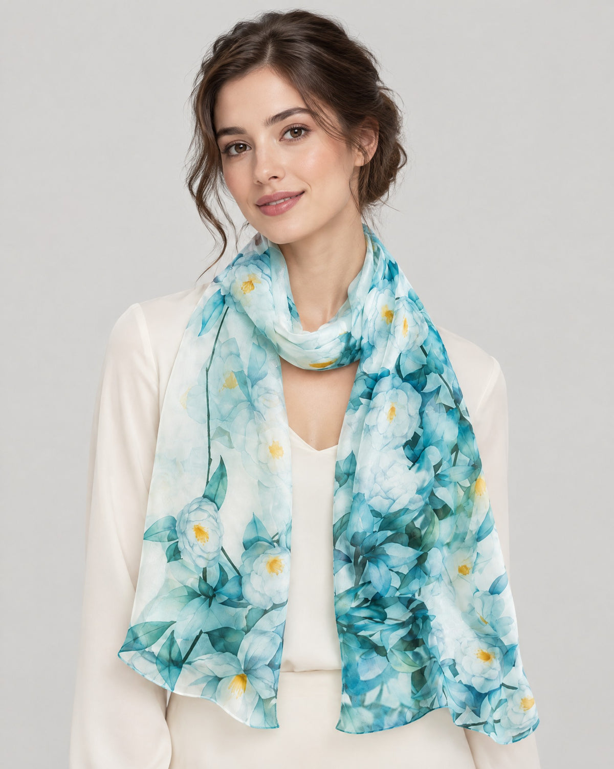 Blue Green Camellia Mulberry Silk Long Scarf – 22 x 67 in