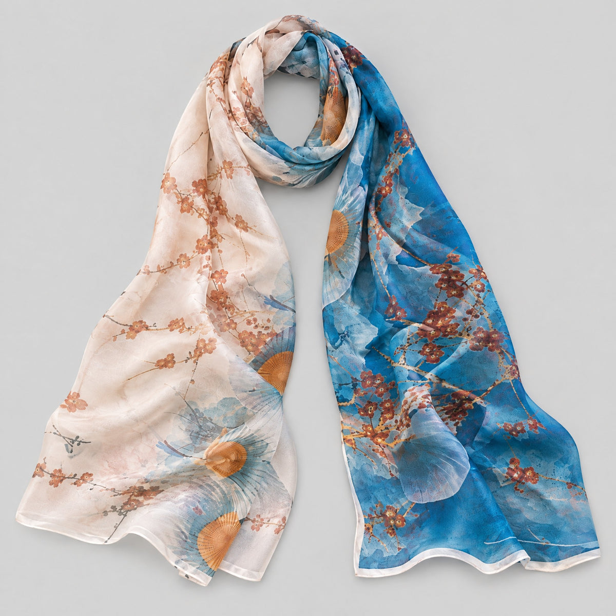 Traditional Fan Mulberry Silk Long Scarf – 22 x 67 in