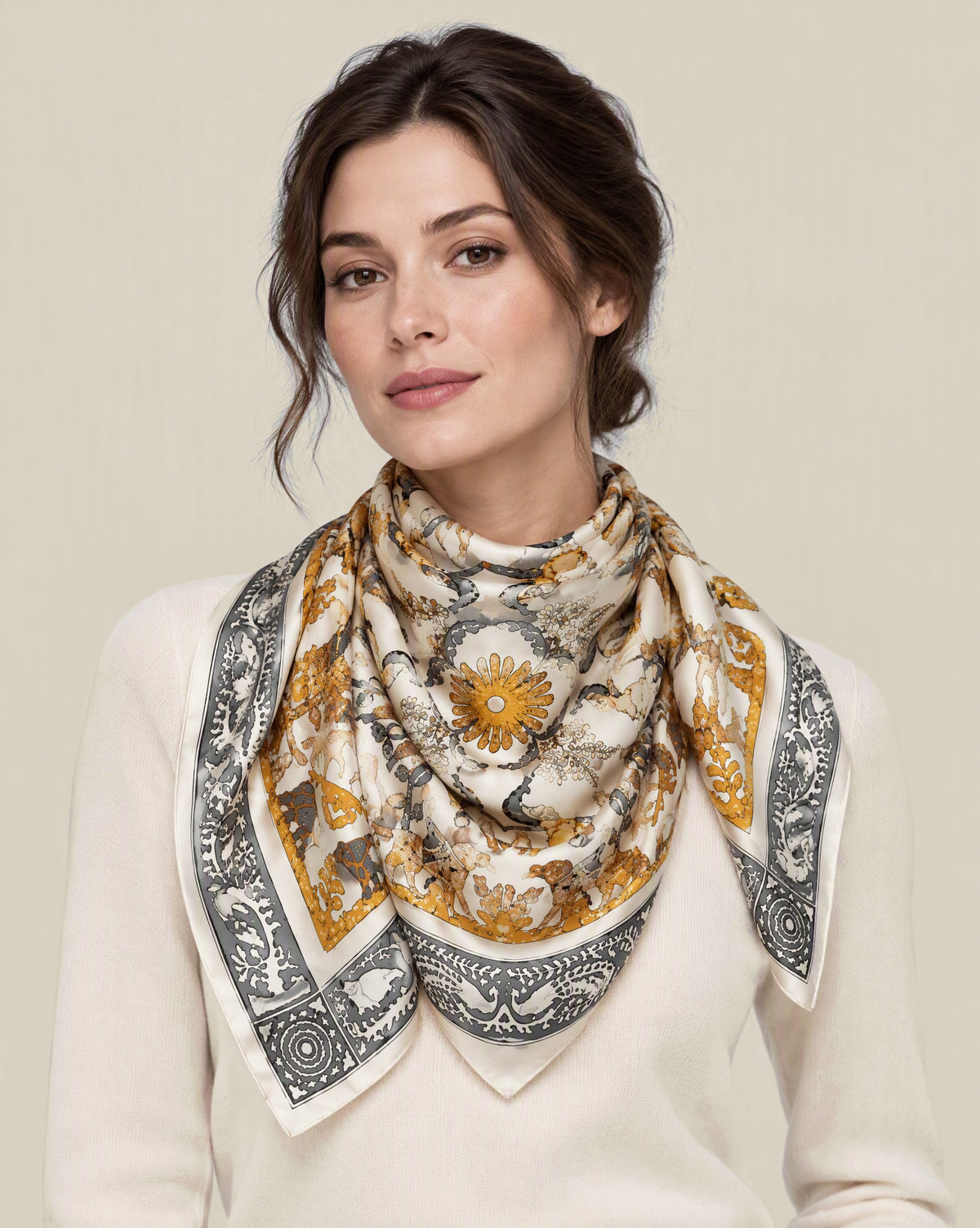 Woman wearing Beige animal motif mulberry silk square scarf
