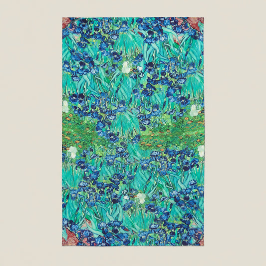 Blue green iris mulberry silk scarf, 69 x 43 in