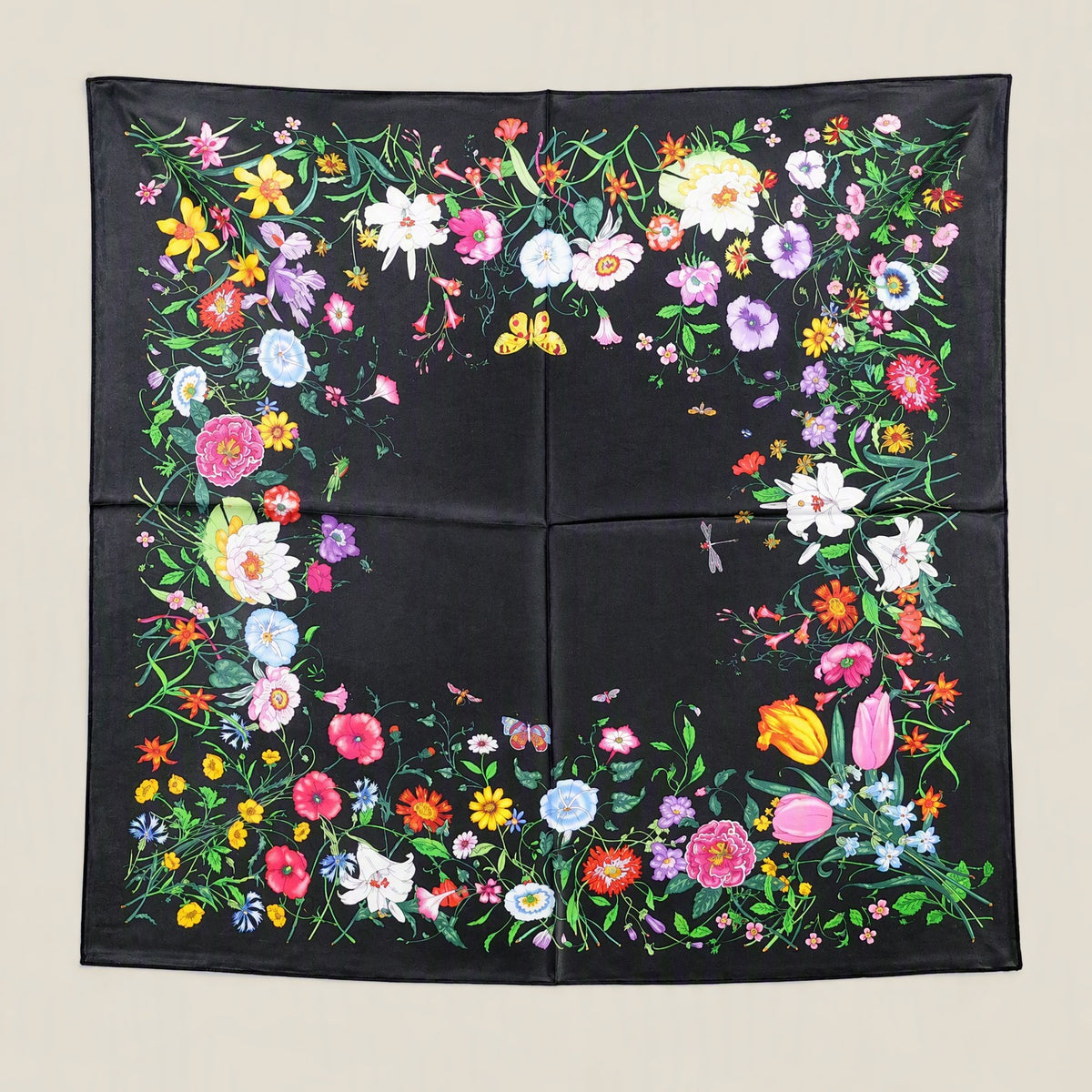 Floral Night Whisper mulberry silk square scarf