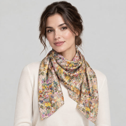 Yellow Doodle Floral Mulberry Silk Scarf – 69 x 43 in