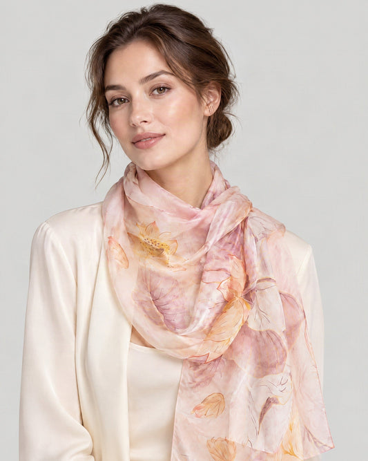 Soft Pink Lotus Mulberry Silk Long Scarf – 22 x 67 in, worn tied at the neck over a cream top