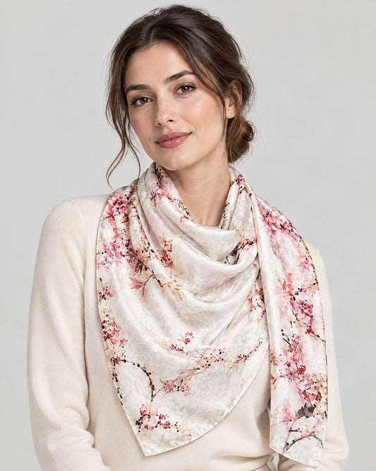 Plum Blossom Jacquard Mulberry Silk Scarf – 43 x 75 in, worn tied at the neck over a cream top