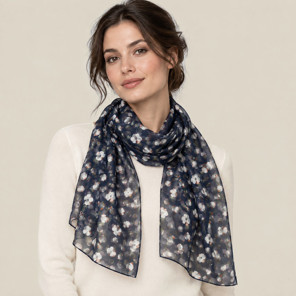Woman wearing Navy small floral mulberry silk scarf