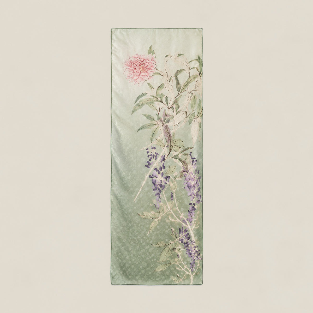 Green peony mulberry silk scarf, 22 x 67 in