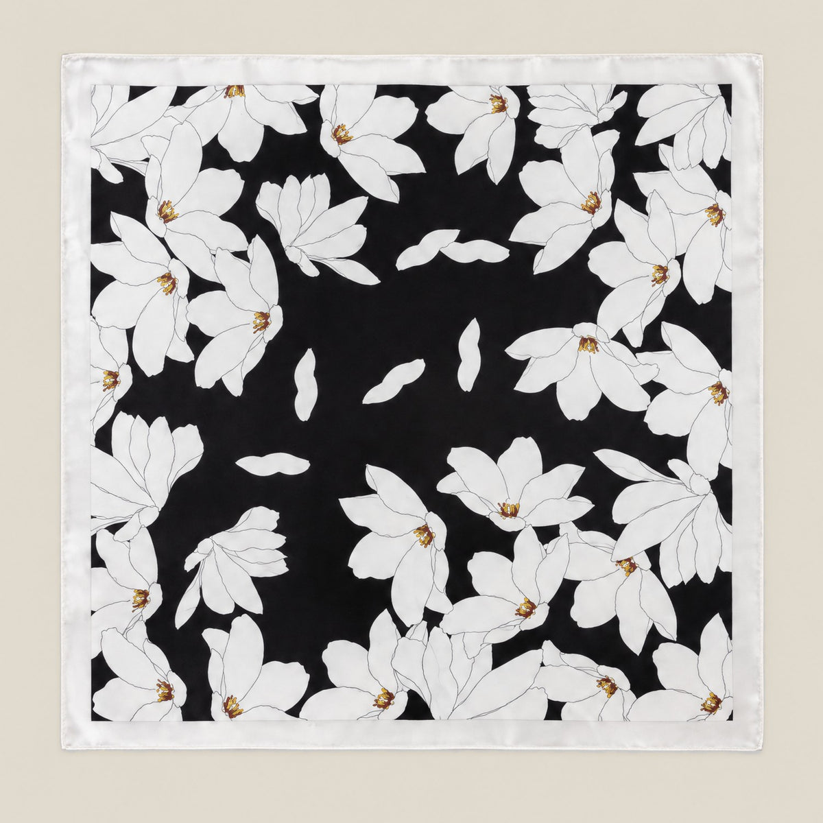 Black White Falling Petals mulberry silk square scarf