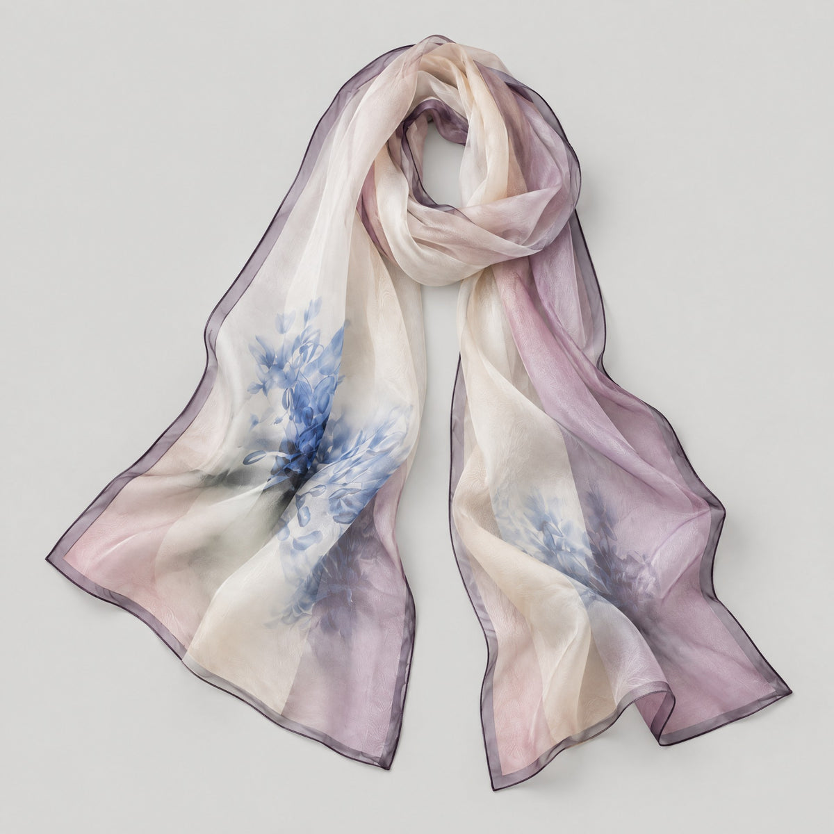 Elegant Blue Petal Mulberry Silk Long Scarf – 16.5 x 63 in