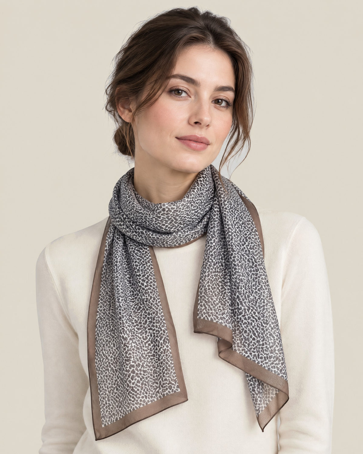 Woman wearing Vintage Bow mulberry silk long scarf