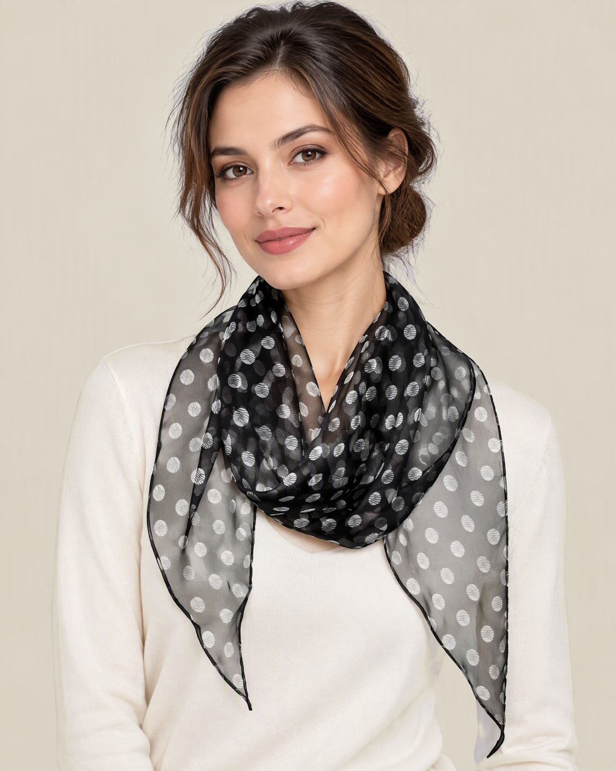 Woman wearing Black water wave dot mulberry silk scarf