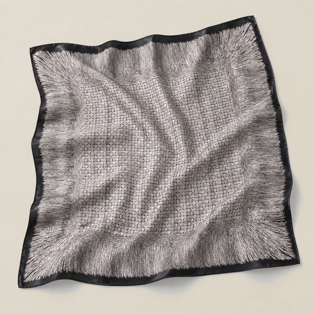 Black gray tweed print mulberry silk square scarf detail showing silk texture and print